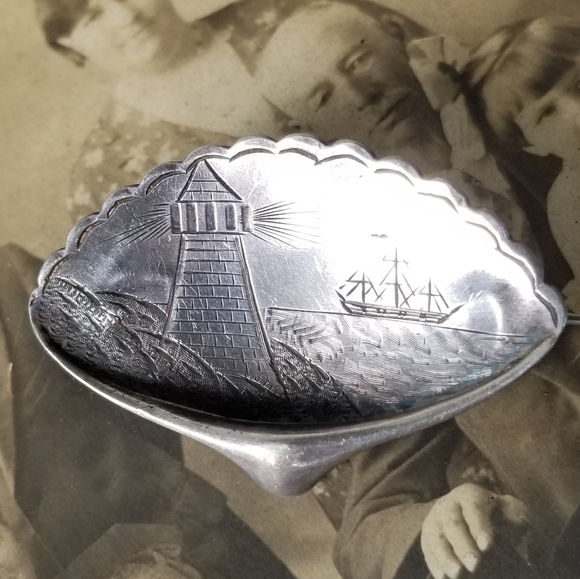 Relisted -Antique Victorian Aesthetic lighthouse and ship brooch Sterling Silver - Picture 10 of 16